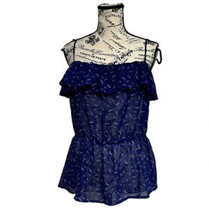 One Clothing Los Angeles Crane Novelty Print Peplum Blouse Sheer L Womens Prep